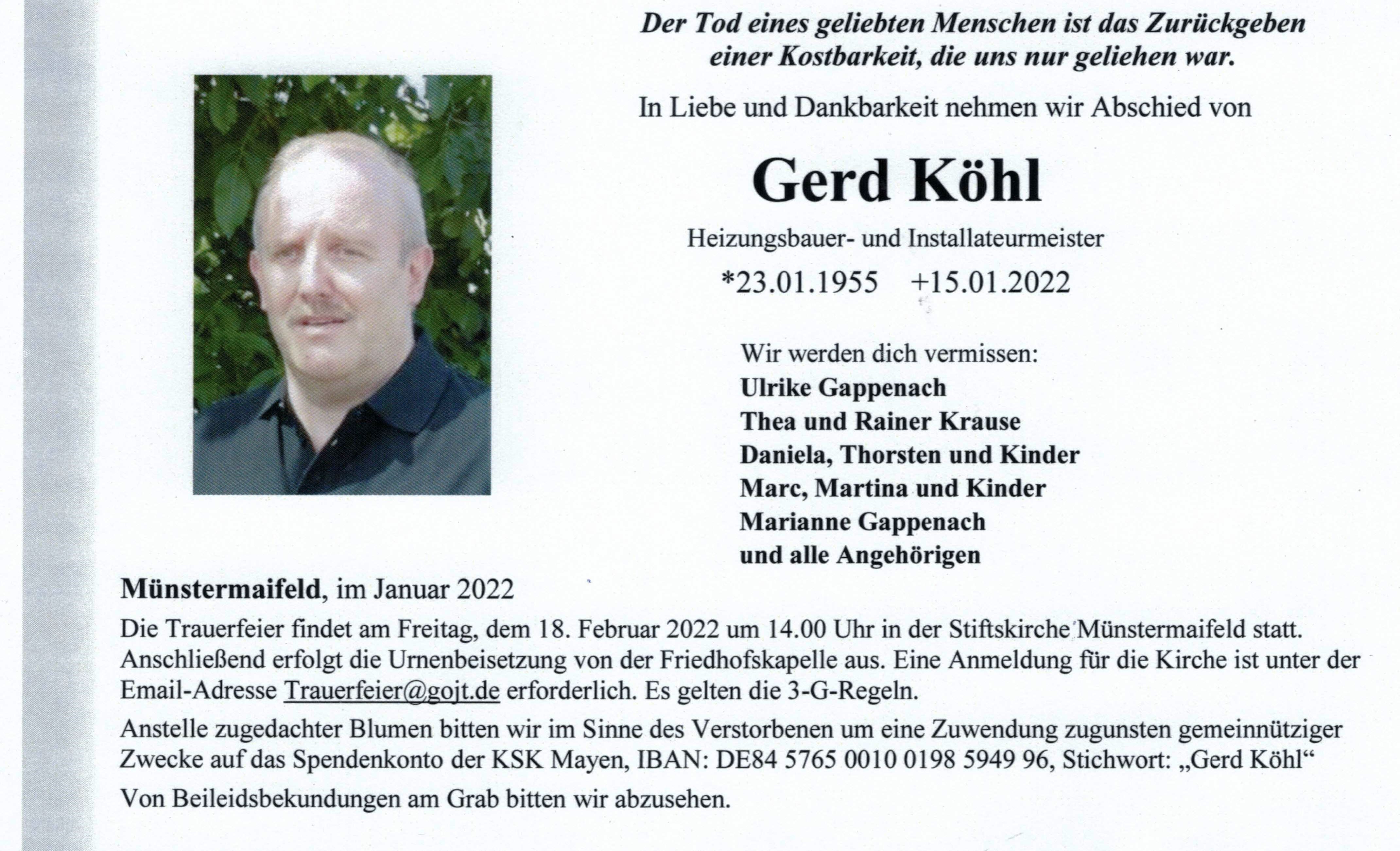 Traueranzeige G. Köhl